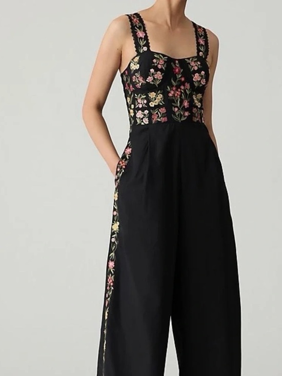 Anthropologie Pants - NWOT Anthropologie Ranna Gill Black Floral Embroidered Wide Leg Jumpsuit Size L